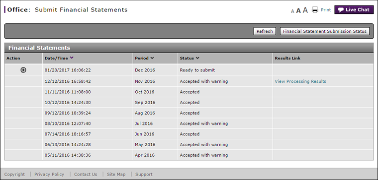 Submit Financial Statements page.